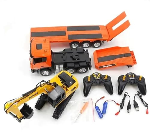s-idee® 1319 RC Tieflader LKW(orange) & Bagger (gelb) Set Huina 1:24 9-Kanal Licht & Sound fernges