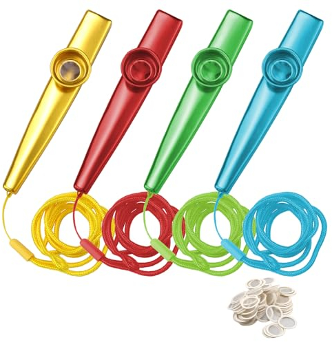 KLEHOPE Kazoo, 4 Stück Kazoo Instrument, Metall Kazoo Set, mit 100 Flötenmembranen, für Kinder und Musikliebhaber Anfänger