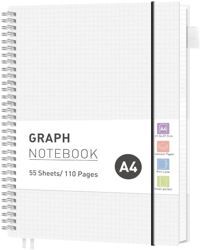 RETTACY A4 Spiral Notebook, Graph Journal, Notepad, 110 Pages, Transparent | Flexible Plastic Cover Note Book, 5mm per Square, 100 GSM Grid Paper, for School, Students, Math, Engineering - 21.5 × 28 cm