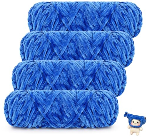 Coopay Lana de chenilla de terciopelo para ganchillo, 400 g (4 x 100 g), hilo de chenilla de terciopelo, lana gruesa para tejer, suave y aterciopelada, para bufanda, manta, jersey, azul zafiro