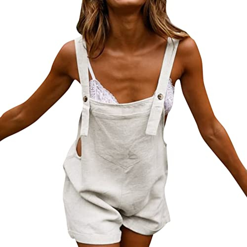 Hängselbyxor dam, kort bomull linne jumpsuit ärmlös overaller sommar lekdräkt byxor casual hängslen shorts lös passform romper hot pants fritid arbetsbyxor hängselshorts flickor