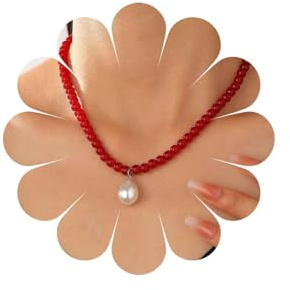 Inateannal Red Beaded Choker Necklace Teardrop Pearl Pendant Necklace Pearl Bead Strand Necklaces Gemstone Round Beaded Necklaces Jewelry for Women