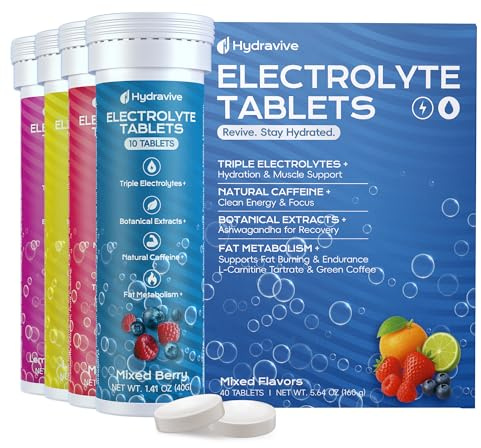 Hydravive Electrolyte Tablets Sugar Free, Hydration Electrolyte Tablets, Sodium, Potassium, Magnesium, Calcium, Green Tea, Green Coffee, Ashwagandha, Zero Sugar Hydration Drink Variety (40 Servings)