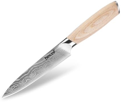 hecef Couteau de Universel 13cm Acier – Manche Ergonomique Pakkawood, Motif Damas Laser, Tranchant & Polyvalent, Idéal Fruits Légumes Sandwichs, Usage Quotidien Précis