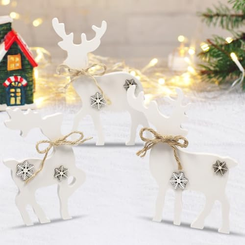 KOIROI Expositores Decorativos para Navidad, 3 Pzas Decoración Navideña de Ciervos, Reno de Madera para Dejar, Renos de Navidad, Figuras de Renos para Centro de Mesa Hogar Chimenea Ventana Escritorio