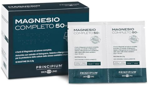 Bios Line Principium Magnesio Completo Brevettato 50+ Bustine, Integratore Alimentare, Magnesio, Selenio, Manganese e Melograno, 32 Bustine x 2.5g