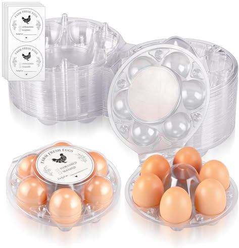 Zhehao 40 Pack Round Egg Cartons 6 Count with Date Stickers Clear Plastic Half Dozen Egg Cartons Bulk Reusable Holders Fresh Eggs Storage for Family Pasture Farm Markets Display
