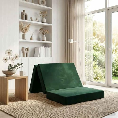 Zentexion Fällbar soffa säng 80 x 67 x 45 cm mörkgrön, sammet soffa sömn kombi för sovrum, gästrum, camping, skumdyna för madrass som dyna