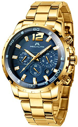 MEGALITH Uhren Herren Gold Armbanduhr: Edelstahl Chronograph Herrenuhr mit Datum - Groß Ziffernblatt Arbeitsuhr für Männer