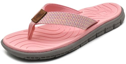KuaiLu Chanclas Mujer Verano Playa Piscina Cuero y Tela Flip Flops Señoras Comodas Piel Planas Caminar Sandalias De Dedo Antideslizante Yoga-Espuma Chancletas Rosa 40