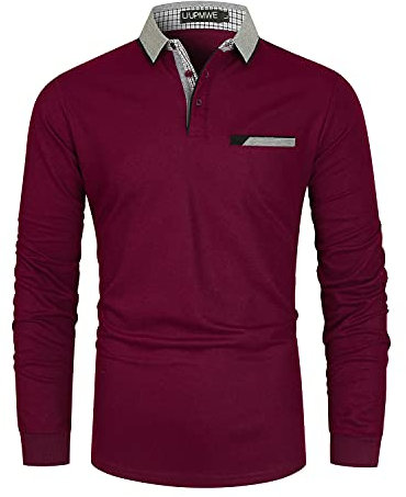 LIUPMWE Mens Long Sleeve Polo Shirts Contrasting Premium Cotton Casual Golf Tennis T-Shirt S-2XL,L,Red