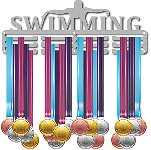 CREATCABIN Medaillenhalter Sport Schwimmen Athlet Words Awards Display Ständer Wand Rack Mount Aufhänger Für Champions Home Abzeichen 3 Sprosse Gymnastik Über 60 Medaillen 15.7x5.9 Zoll