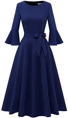 HomRain Kyrkklänningar för kvinnor 2025, bröllopsgäst, cocktail, tebjudning, klockad ärm, vintagestil, afton- och examensklänning, Marinblått Xsp, M
