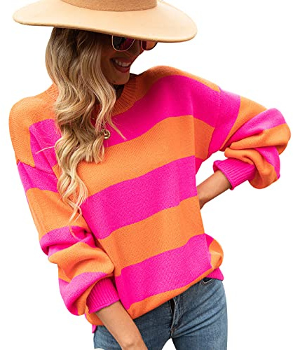 Pull Rayé Femme Hiver Chic Pullover Pull Oversize Maille Ample Fin Manche Longue Large Femme Grande Taille Pulls Tricoté Femme Chaud Sweater Vintage Pull Tricot Personnalisable Femme Rose Orange XL