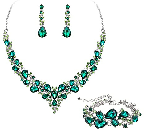 EVER FAITH Juegos de Joyas Mujer Cristal Austriaco de la Lágrima Cluster Declaración Collar Pendientes Enlace Pulsera Conjunto Boda Joyería de Novia Verde Tono Plateado