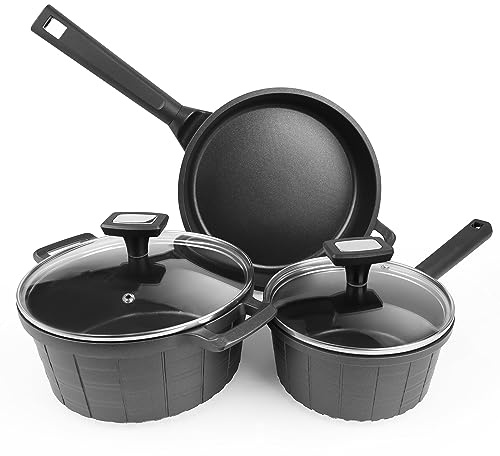 Tieplis Kochgeschirr 5-Teilig, Topf Set Enthalten Pfanne, für Alle Herdarten inkl, 20cm/2,5L Kochtopf & 16cm/1,5L Stielkasserolle mit Glasdecke, 24cm Bratpfanne, Antihaftversiegelung (PFOS, PFOA Frei)