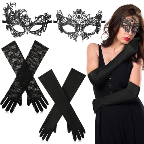 Aoriher 4 Stück Maskerade Masken für Damen Lange Schwarze Handschuhe Set Retro Spitzen Augenmaske Venezianische Maske Lange Spitzen Handschuhe Abendhandschuhe für Maskenball Verkleidung Accessoires