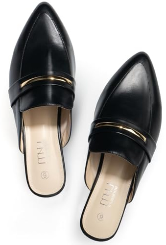 MUSSHOE Comfortable Work Women's Mules - Casual Slip on Black Suede Backless Loafers-Office Business Teacher Dressy Flats 2025 for Professional​ Women - Black PU 8
