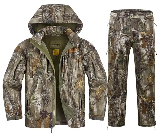 NewView Silent Camo Jagdkleidung für Herren, Fleece-gefütterte Jagdjacke und Hose für Hirschenten-Jagd, warm und wasserabweisend, NV Leaf Camo, XL
