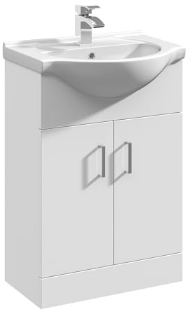 Balterley Vanity Unit with Basin Floor Standing, 2 Door Soft Close with Curve Sink and Handle, Bathroom Vanity Units with Basin, Bathroom Sink Storage Cabinet - 550 x 430 x 836mm (White)
