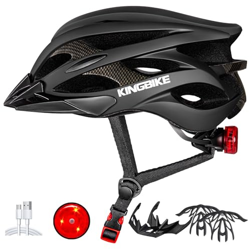 KINGBIKE Bike Helmet for Adult Men Women Youth Road Commute Mountain Cycling Helmets with USB Rechargeable Tail Light Replaceable Inner Pads and Visors Lightweight (BlackMatte,L/XL(22.4-23.6in)