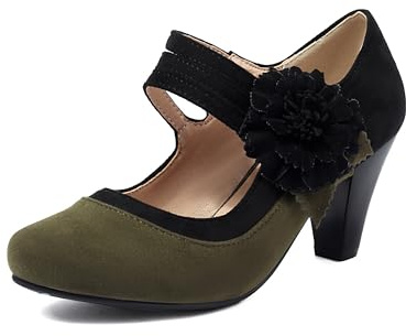 elerhythm Chaussures Mary Jane Femme Fleur Bride Cheville Talons Vintage Gatsby Années 1920 Escarpins Bout Rond Fermé Style Victorien Rétro Années 1950, vert, 37 EU