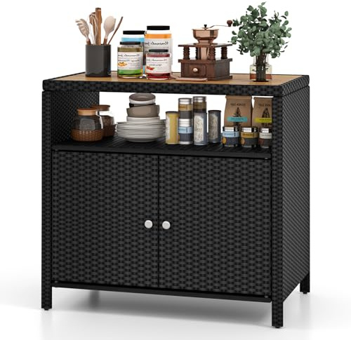 KOMFOTTEU Gartenschrank aus Rattan, Aufbewahrungsschrank Sideboard mit Arbeitsplatte aus Akazienholz, Garten Schuppen mit Doppeltüren, Rattanschrank 90 x 53 x 86 cm (Schwarz)