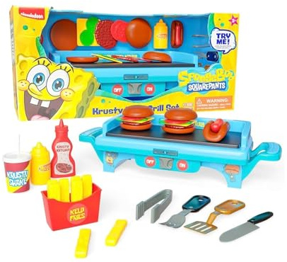 SpongeBob SquarePants Krusty Krab, griglia giocattolo per bambini, luci e suoni, hamburger Krabby Patty, patatine fritte, finta di plastica per barbecue da cucina per bambini