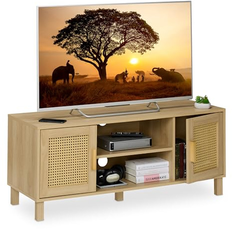 Relaxdays Mueble TV, Diseño Ratán, Mesa para Televisiones hasta 50, Efecto Madera, 48x115x40 cm, Cómoda Tele, Natural