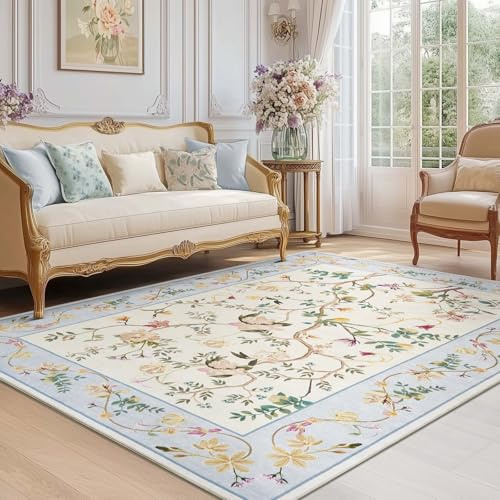 TOPICK Blumen Teppich Wohnzimmer Waschbar Kurzflor Retro Teppich 120x180cm Beige auf Blau Orientalischer Antibakterieller Faltbar Weich rutschfest Schlafzimmer Kinderzimmer Flur Badezimmer