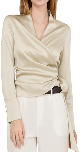 Womens Satin Wrap V Neck Blouse Long Sleeve Tie Belt Shirt Elegant Fitted Cream Top, Cream, M