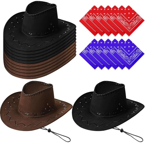 TESIN Set di 12 cappelli da cowboy con 12 bandane, cappello da cowboy western con sottogola regolabile, per adulti, perfetti per matrimoni, spettacoli e feste