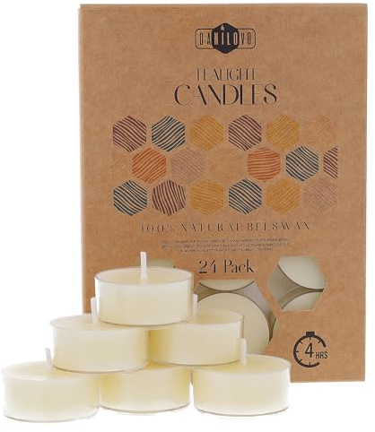 Velas de Cera de Abeja Natural 100% - Velas de Té con Mecha de Algodón – 4 Horas de Duración – Pack de Velas 24 Unidades – Velas Pequeñas de Cera de Abeja Pura y Plástico Reciclado de Danilovo