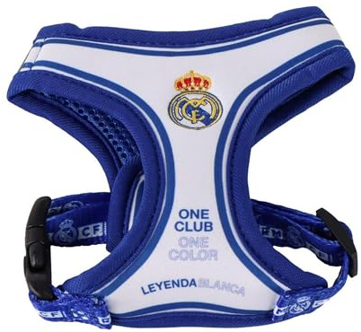 Arnés Perro Real Madrid Talla XXS diseño Oficial Escudo Bordado y Ajuste Seguro - Arnés Real Madrid Perro Accesorio Resistente y cómodo para Perros medianos Control Total y Estilo Merengue Cada Paseo