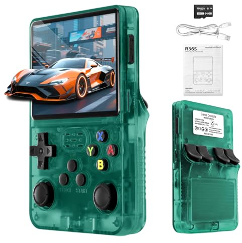 R36S Retro Handheld Game Console with 3.5-Inch Screen,64G Built-in 15000+ Classic Games, Open Source System, Portable Gaming Player for Travel,Gift for Teen or Partner(Green）