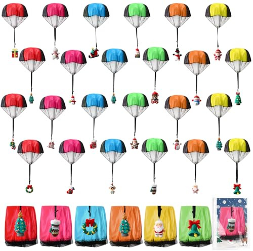 Soulchen 24 Sets Christmas Parachute Toys for Kids Girls Boys Outdoor Hand Throw Flying Xmas Parachute with Cards Stocking Stuffers for Teens Party Favors Gifts Goody Bag Filler