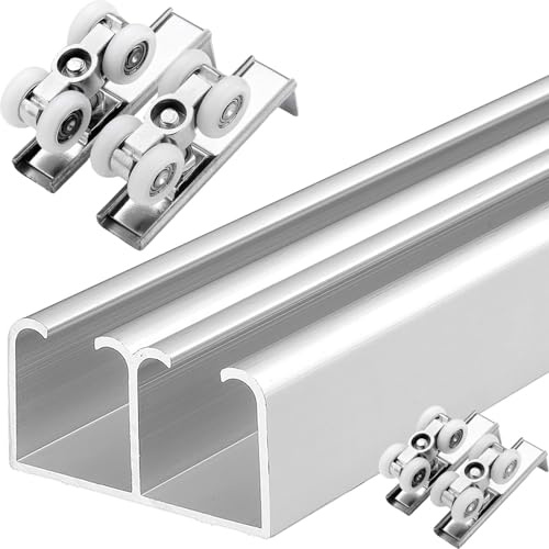 HDYZJQ Double Sliding Door Hardware and Track Kit, Replacement Barn Door/Closet Gate Rail for Room Partition, Ceiling Mount Silent Roller Track(Silver,L 240in/610cm)