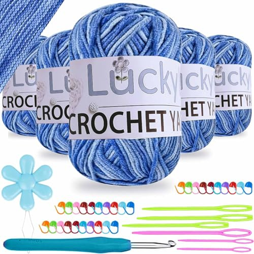 Crochet Yarn 300g(6 x 50g) Knitting Wool Yarn Gradient, 5-Ply DK Double Knitting Acrylic Yarn with Crochet Hook, Chunky Yarn for DIY Knitting Craft and Crochet Project (Sky Blue Ombre)