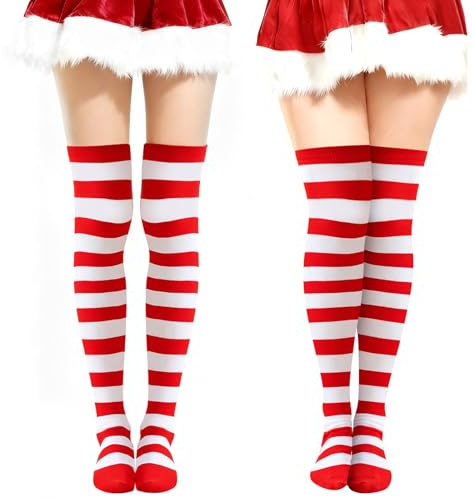 2 Paires Chaussettes Hautes Rayées Rouge et Blanc Bas Lutin de Noël Thigh High Socks Accessoires pour Costumes de Noël Convient Aux Femmes, Adolescentes, pour un Usage Quotidien et Les Fêtes