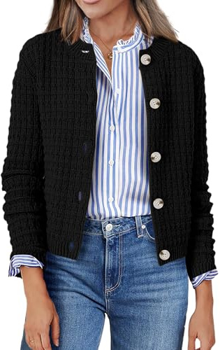 Zeagoo Cárdigan de punto para mujer, manga larga, cuello redondo, botones, chaqueta de punto frontal abierta, suéter elegante para mujer, A-negro., XL