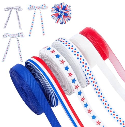 PH PandaHall 54.9m Ruban Patriotique Rouge Blanc et Bleu, 10mm 6 Styles Rayé à Pois Ruban Gros-Grain à Pois et Rayures Ruban à Motifs pour DIY Couture Cadeau Décoration Fête d'Anniversaire