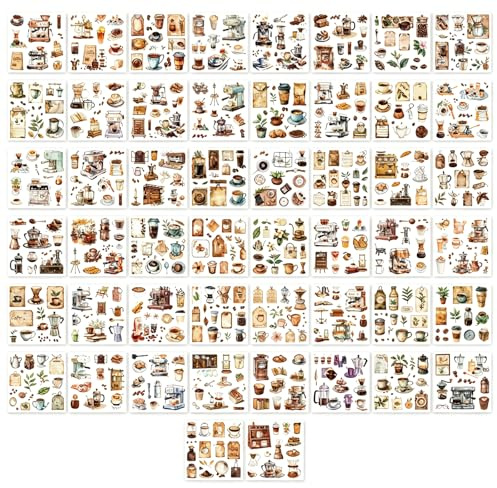 Voxlara Libro de Pegatinas de Café, 50 Hojas de Libro de Pegatinas Pre-cortadas, Pegatinas Washi, Pegatinas Scrapbooking con Temática de Café, Juego de Scrapbook Accesorios para Bricolaje Álbumes