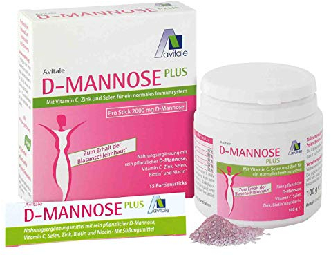 Avitale D-Mannose Plus 2000mg Sparset mit 15 Sticks und 100g Pulver - Mit Niacin und Biotin zur Förderung der Blasenschleimhaut*, 55 Stück 59720