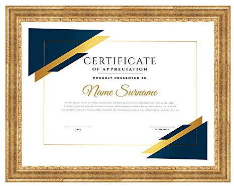 Lupia - Cornice per Attestati in Legno, ROVESCIA Barocco Oro, pergamene, diplomi, Compatibile Formati Vari, Protezione in Acrilico, Verticale/Orizzontale, Foto, Stampe, da Parete 29,7x42 cm A3