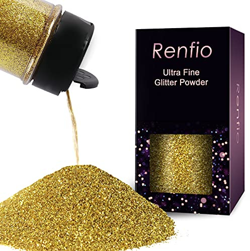Renfio Ultra Fine Glitter Powder Metallic Resin Glitter 2.11 Oz (60g) | Flakes Crafts Sequins Epoxy Chips Flakes for Tumblers Slime Painting Arts Nail Holiday Decoration - Golden