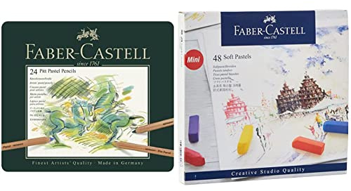 Faber-Castell 112124 - Estuche de metal con 24 ecolápices Pitt pastel, multicolor & 128248 - Estuche de cartón con 48 tizas pastel, mini, multicolor