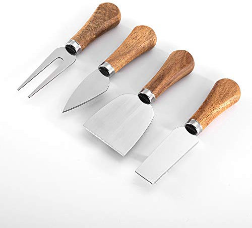 Set di 4 coltelli da formaggio con manico in legno, mini set di coltelli da formaggio in acciaio inox per salumi e formaggi, perfetti per affettare formaggio e taglierina per burro