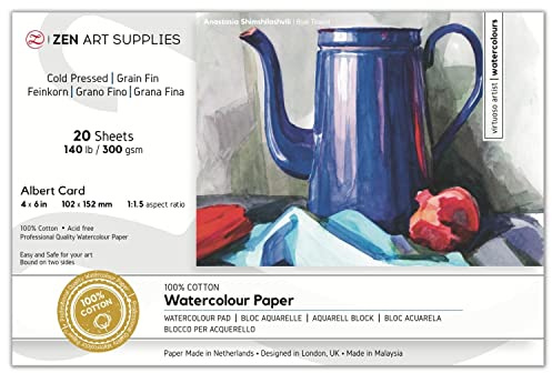 Watercolour Paper Pad (Glued Block) A6+ (10 × 15 cm) – ZenART 100% Cotton, Cold Pressed Watercolour 300gsm, Archival, Vegan Sized for Vibrant Colours, 20 Sheets for Water Colour, Gouache & Wet Media