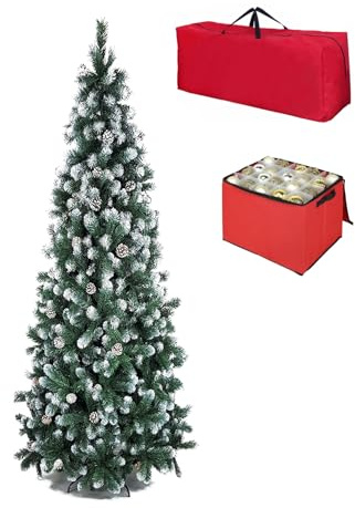 Totò Piccinni Albero di Natale Artificiale NOEL, Folto, Effetto Realistico, Rami a Gancio, Facile Montaggio, PVC, Ignifugo con Borsone (210 cm, Slim Punte Innevate e Pigne)