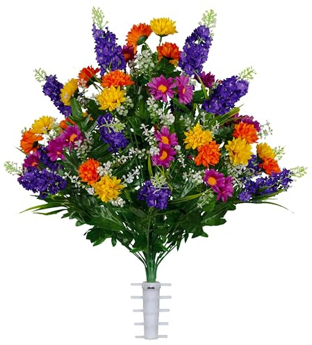 Sympathy Silks Artificial Flowers for Cemeteries - Realistic Grave Decorations - Purple, Violet, and Yellow Wildflower Mix - Bouquet